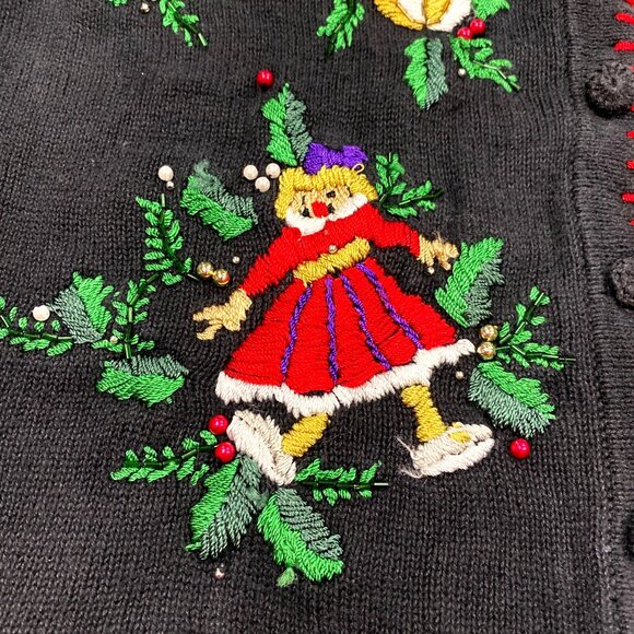 Womens Vtg Christmas Cardigan Sweater BP Design Medium Black Embroidered Beaded - Picture 13 of 16